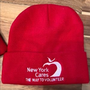 Red New York Cares logo beanie